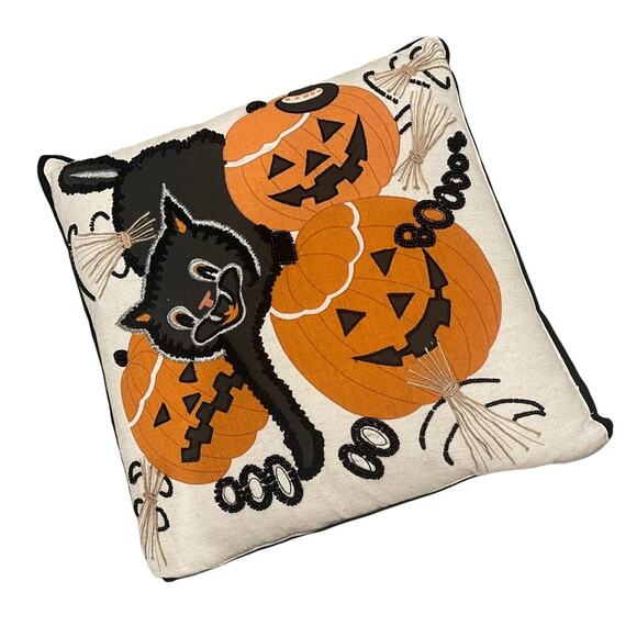 Nicole Miller Halloween Cat Pumpkin Accent Throw Pillows Set Embroidered Beaded - Picture 1 of 8